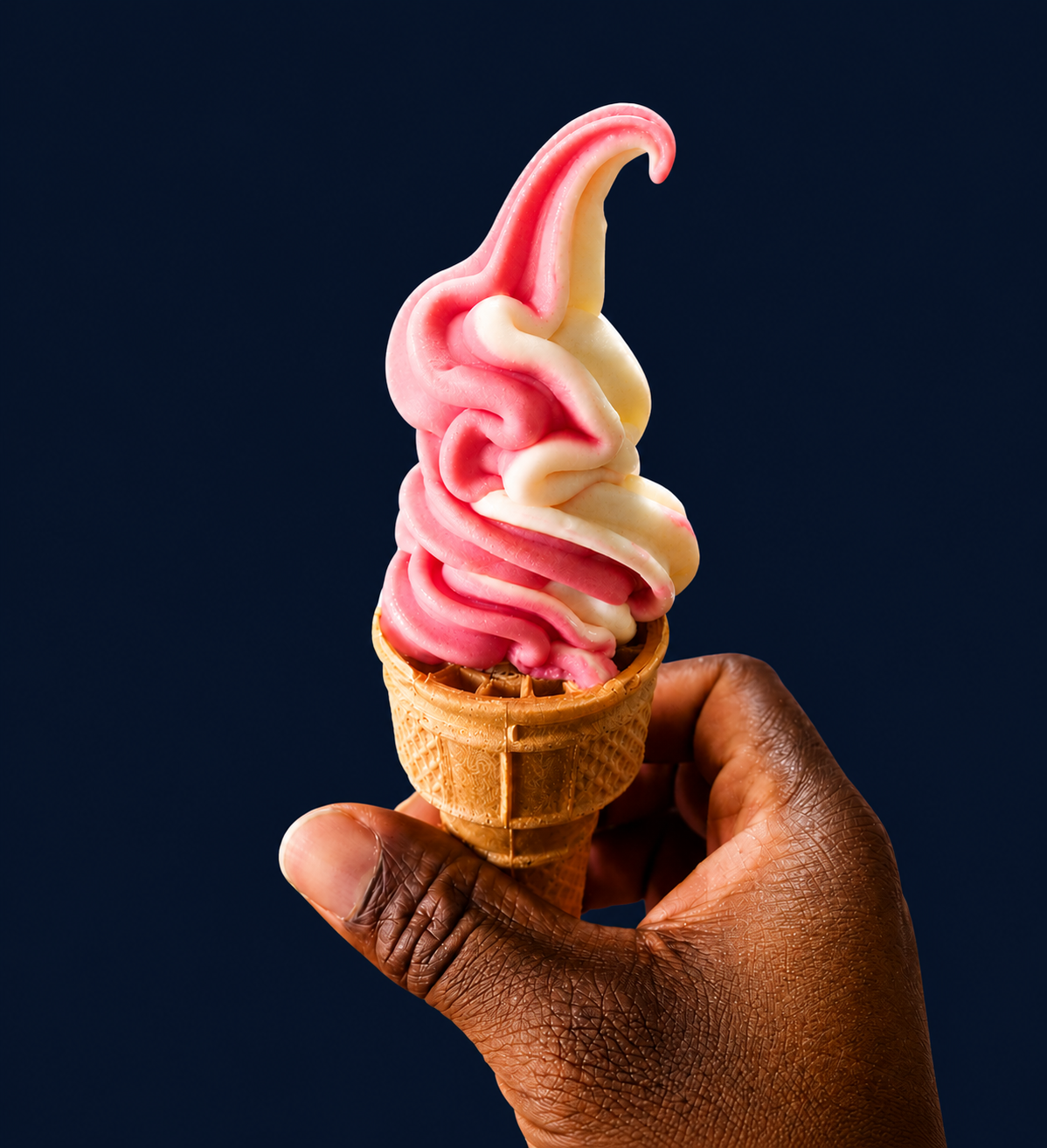 Strawberry and vanilla soft serve swirl in a Pace Heritage waffle cone cup
